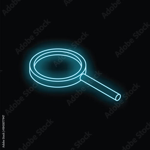 Blue neon magnifying glass shining on black background, searching for clues concept
