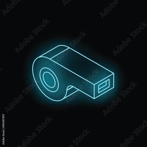 Neon blue whistle glowing on a black background, perfect for sports or authority concepts