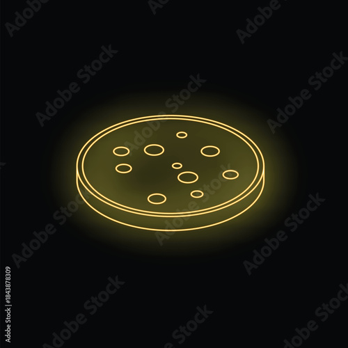 Yellow glowing neon sign depicting a petri dish with bacteria, isolated on a black background