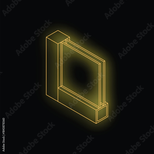 Neon yellow glowing double glazed window installing in wall opening on black background