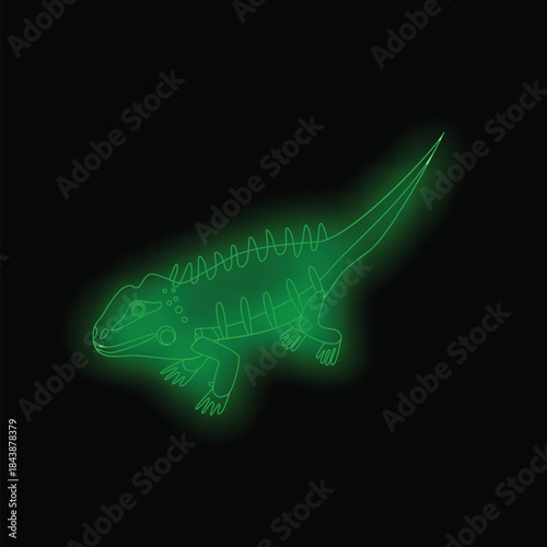 Green neon sign shaped like an iguana lizard reptile, glowing on a black background