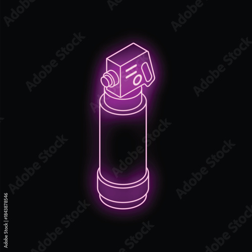Purple neon sign of a self defense spray on a black background
