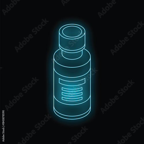 Neon blue isometric medicine bottle glowing on a black background