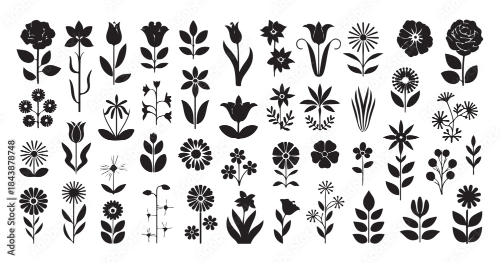 Obraz premium Set of various flower icons black botanical elements different blossoms and leaves spring garden