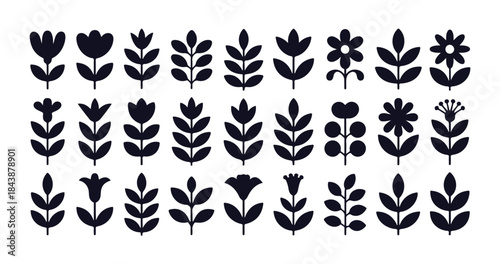 Minimalist folk art flowers and plants. monochrome decorative floral elements for scandinavian design