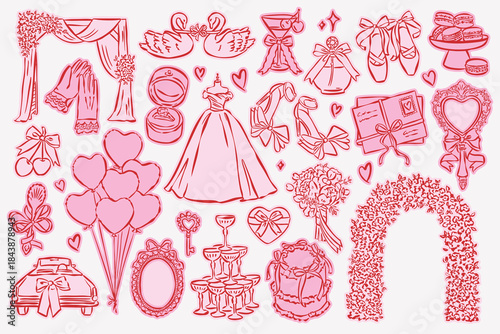 Whimsical wedding and love doodle collection. Art for greeting card, logo design, brand identity, packaging design.