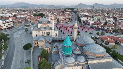 Aerial view of the Mevlana Museum and Sultan Selim Mosque in Konya city center. 