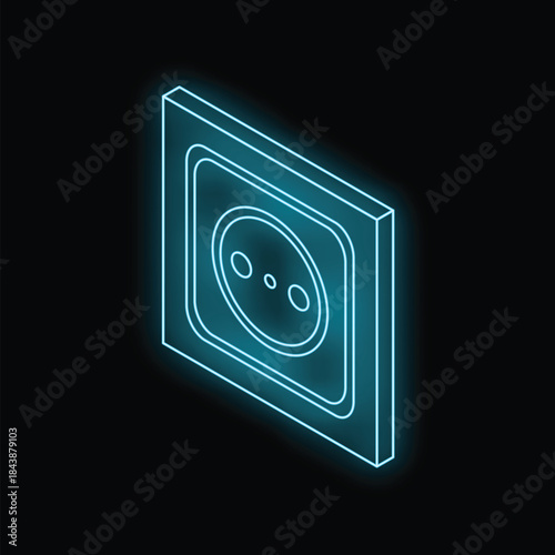 Neon blue european electrical outlet glowing on a black background, representing power, electricity, and connection
