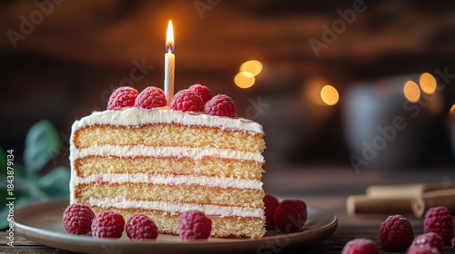 Celebratory cake slice with a single candle and fresh raspberries