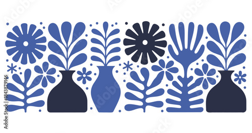 Abstract floral seamless pattern with scandinavian folk art style plants in pots and blooming flowers