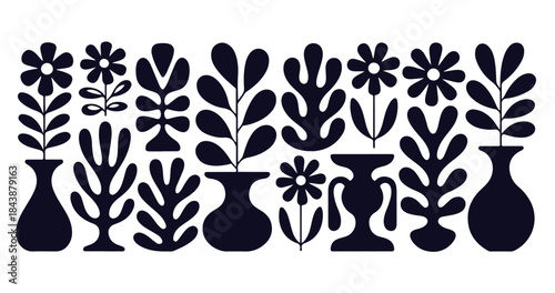 Abstract minimalist flower and plant silhouettes in vases scandinavian folk art style seamless border
