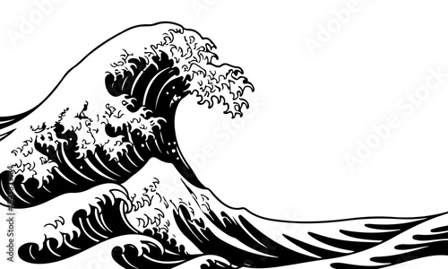 Japanese wave inspired illustration, black minimal vector on white background, flat stylized ocean wave, traditional art inspired, no texture