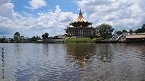 Kuching city and river view with Sarawak State Legislative Assembly, a landmark at the waterfront of Kuching, Malaysia