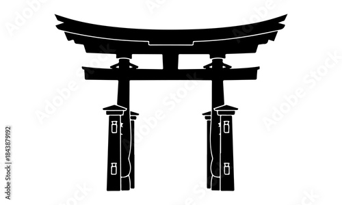 Traditional Japanese torii gate, black silhouette vector illustration on white background, minimal flat design, centered composition, clean edges, no gradients, stock vector art