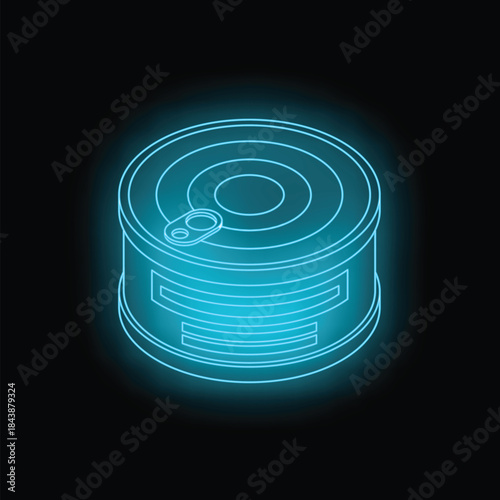 Neon blue tin can glowing on a dark background, representing canned food and preservation techniques