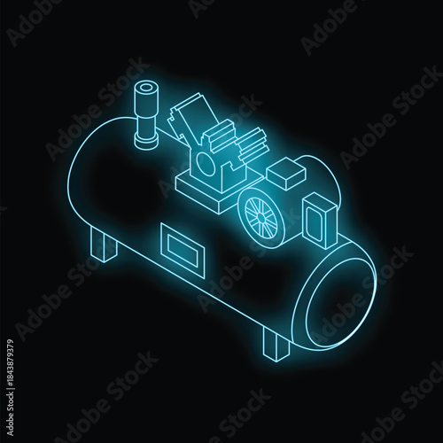 Glowing isometric air compressor on a black background, ideal for industrial and engineering concepts