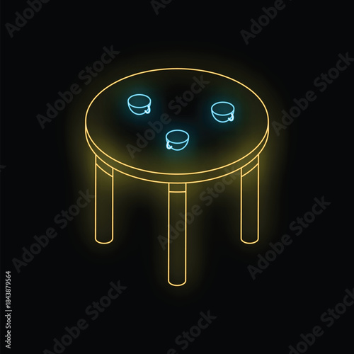 Neon sign representing a round table with three cups of coffee on it, ideal for cafes, bars, and restaurants