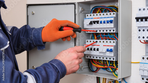 electrician at work, Wearing safety gloves, Electrician works panel, Box on wall, Specialist handles electrical parts, Safety comes first here, Hand tools ensure precision,