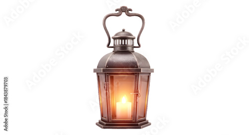 Antique bronze candle lantern with lit flame isolated on transparent background