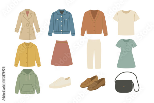 Minimalist flat design autumn fashion collection with casual outfits and accessories