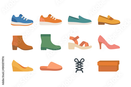 Diverse footwear collection featuring casual and formal shoe styles in flat design