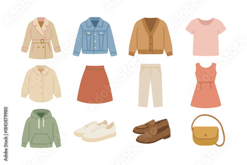Trendy wardrobe elements: flat icon set of casual clothing and accessories