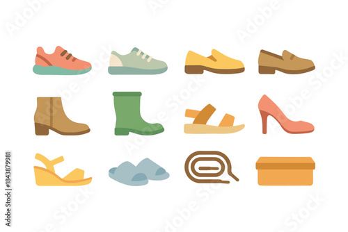 Colorful flat icons of various footwear collection for fashion design