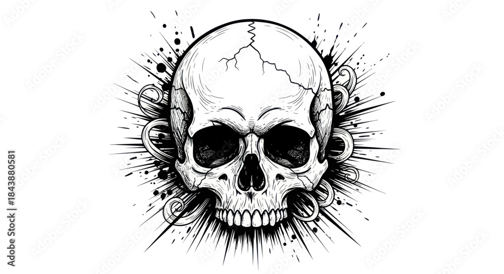Fototapeta premium Cracked human skull with swirling abstract elements and ink splatter