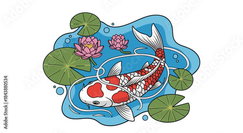 A decorative koi fish swims in a blue pond with water lilies.