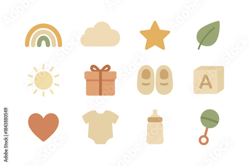 Minimalist baby icons set: pastel toys, apparel, and nature elements