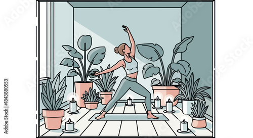 Woman practicing yoga warrior pose surrounded by plants and candles.