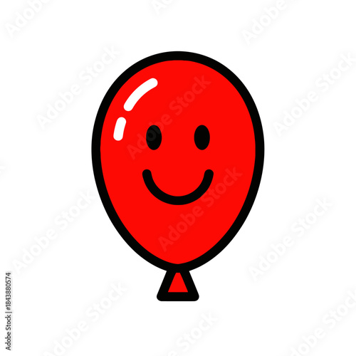 Red cartoon balloon with a happy face smiles on a white background.