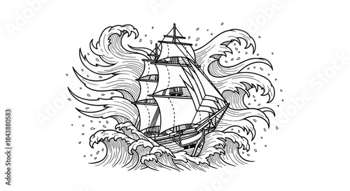 Vintage sailing ship navigates through stormy ocean waves.