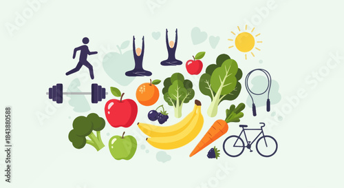 A cartoon image shows a healthy lifestyle with exercise and fresh food.