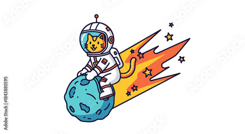 A cat astronaut rides a comet through space.