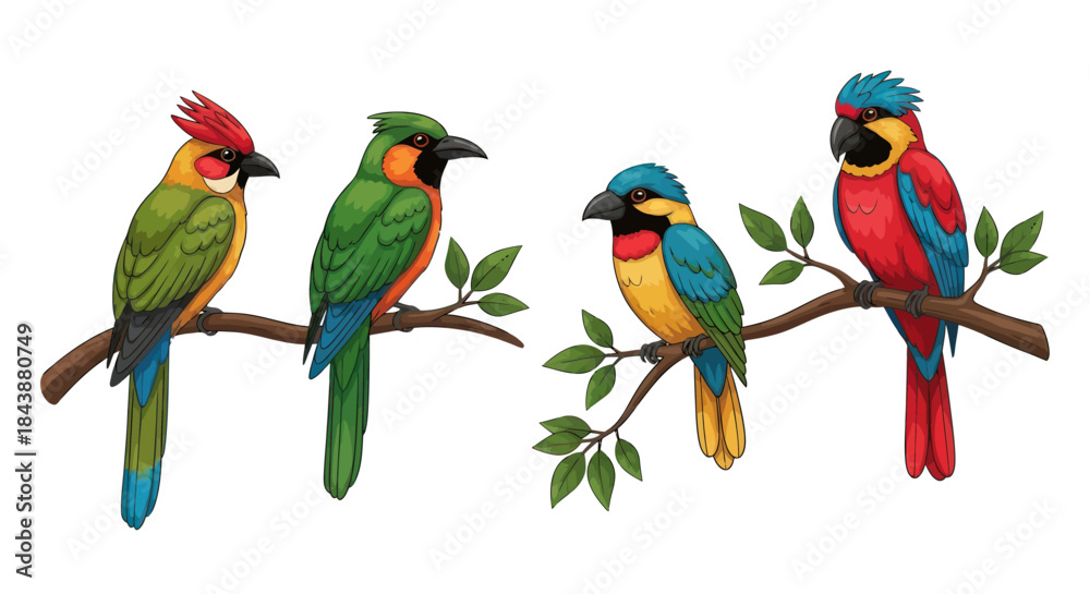 Obraz premium Four colorful exotic parrots perched on branches against a white background.