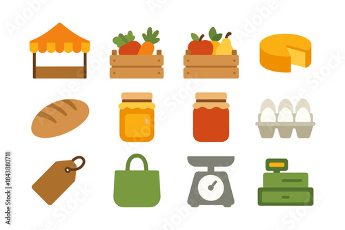 Flat design farmers market icons featuring fresh produce and food items