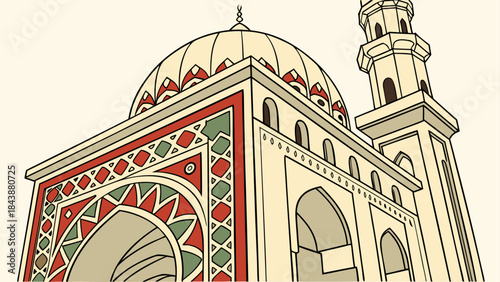 Simple line art illustration capturing the architectural beauty of a mosque and its minaret
