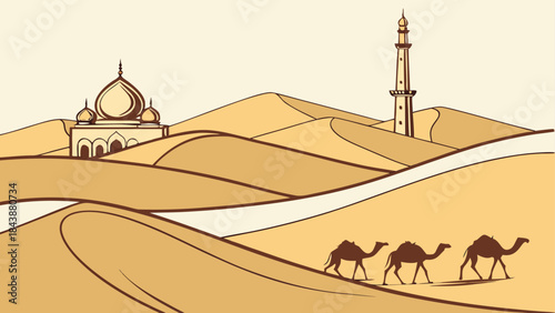 A group of camels crossing the vast desert landscape towards a mosque and minaret