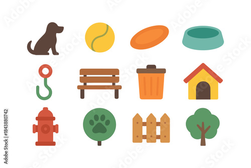 Colorful flat icons of dog essentials and outdoor park elements