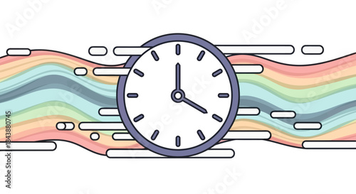 Clock face with rainbow wave and abstract shapes