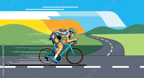 Cyclist racing on a scenic road at speed