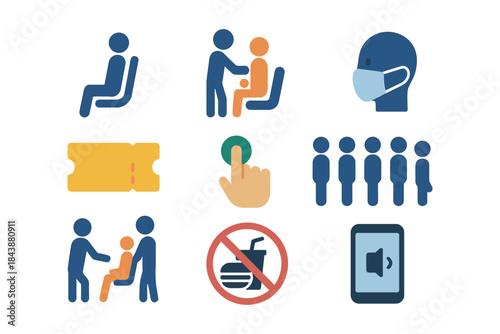 Icons representing social distancing, hygiene, and safety measures in flat design