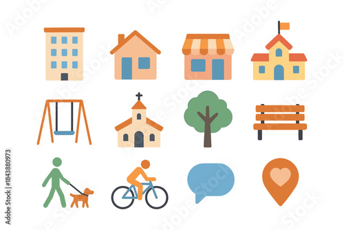 Flat design community icons: buildings, recreation, and nature elements for urban planning