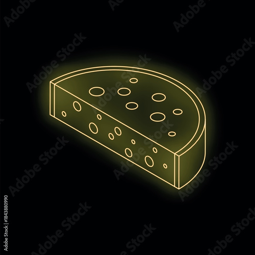 Isometric neon cheese wedge glowing on dark background, representing dairy products, healthy eating, or food industry