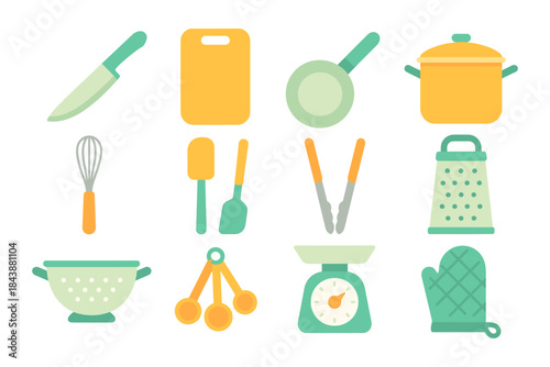 Colorful kitchen utensils set: knife, pot, skillet, and more in flat style