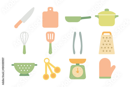 Minimalist kitchen tool set: whisk, knife, and more in soft pastel tones