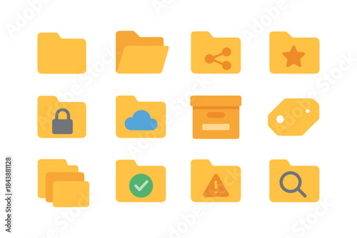 Colorful flat design file and folder icons with modern digital symbols