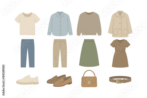 Minimalist clothing collection with casual outfits and accessories on white background