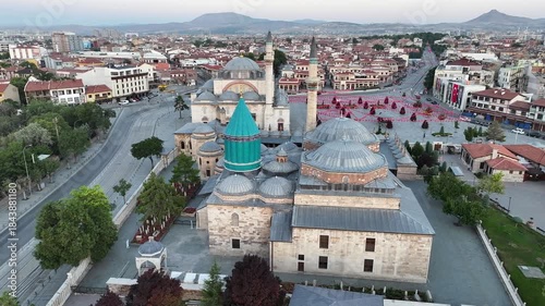 Aerial view of the Mevlana Museum and Sultan Selim Mosque in Konya city center. 